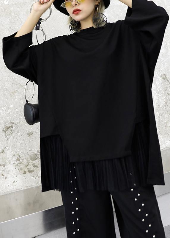 Modern black cotton tunic top asymmetric patchwork hem Knee autumn top - bagstylebliss