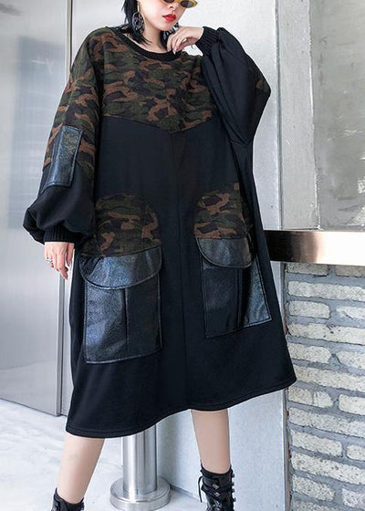 Modern black patchwork camouflage cotton Blouse pockets oversized blouses - bagstylebliss