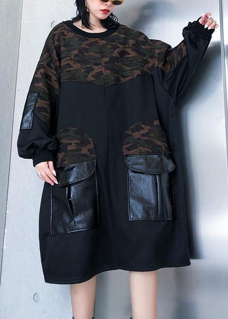 Modern black patchwork camouflage cotton Blouse pockets oversized blouses - bagstylebliss