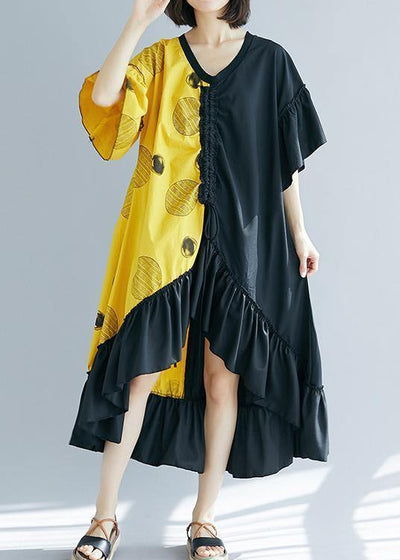 Modern black patchwork yellow Long Shirts v neck Ruffles Maxi summer Dress - bagstylebliss
