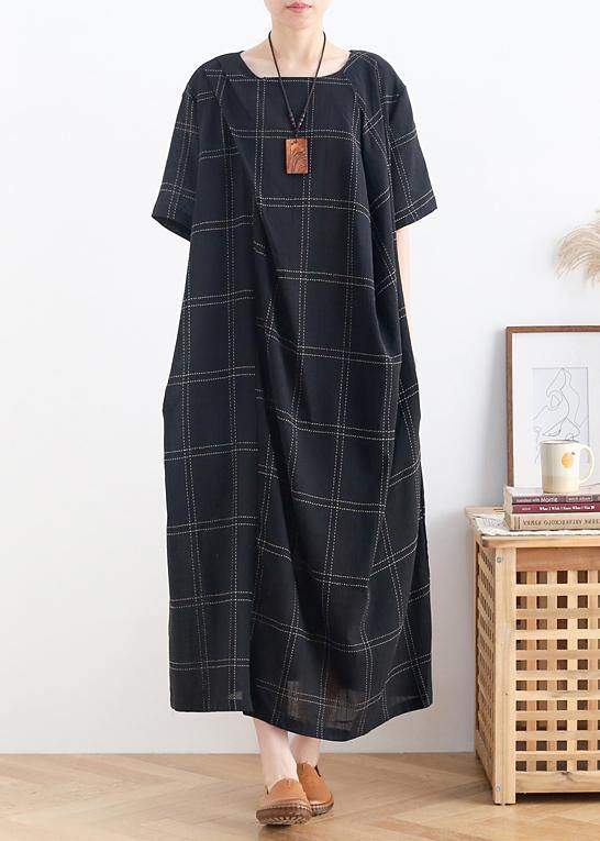 Modern black plaid cotton clothes o neck short sleeve Dresses - bagstylebliss