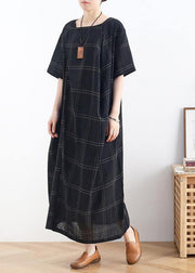 Modern black plaid cotton clothes o neck short sleeve Dresses - bagstylebliss