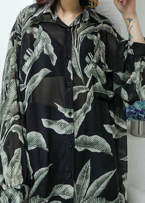 Modern black prints chiffon shirts side open Art sunscreen shirt dresses - bagstylebliss