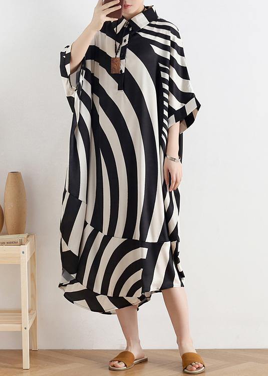 Modern black striped chiffon clothes For Women Fabrics lapel Batwing Sleeve long summer Dresses - bagstylebliss