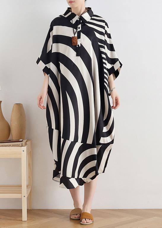 Modern black striped chiffon clothes For Women Fabrics lapel Batwing Sleeve long summer Dresses - bagstylebliss