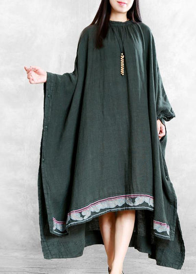 Modern blackish green linen Long Shirts o neck embroidery Robe Dresses - bagstylebliss