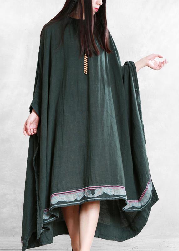 Modern blackish green linen Long Shirts o neck embroidery Robe Dresses - bagstylebliss