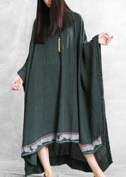 Modern blackish green linen Long Shirts o neck embroidery Robe Dresses - bagstylebliss