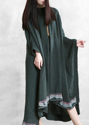 Modern blackish green linen Long Shirts o neck embroidery Robe Dresses - bagstylebliss