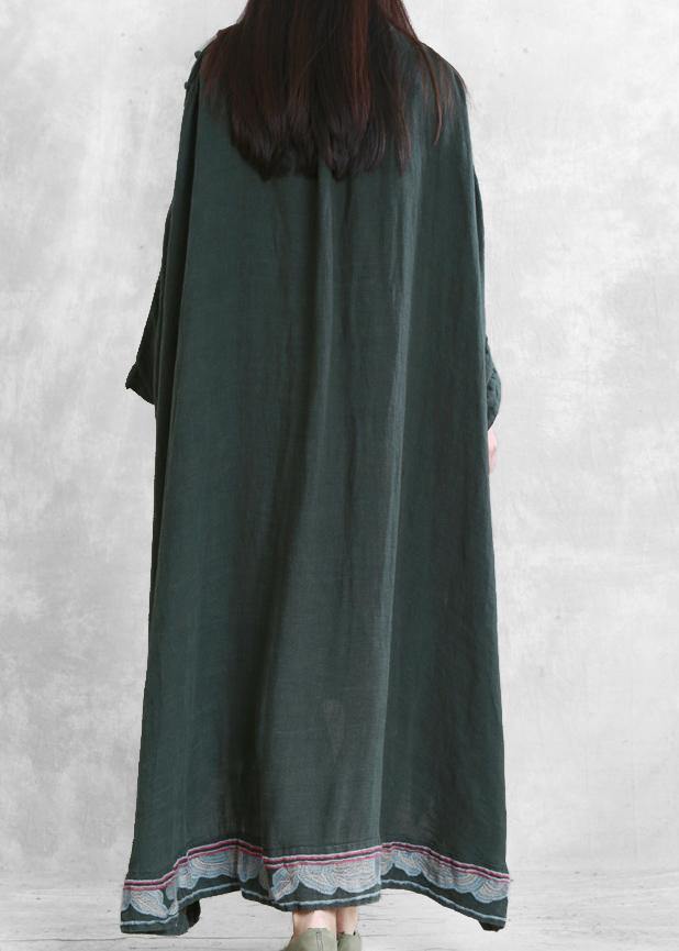 Modern blackish green linen Long Shirts o neck embroidery Robe Dresses - bagstylebliss