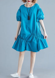 Modern blue Cotton Tunic o neck lantern sleeve oversized Dresses - bagstylebliss