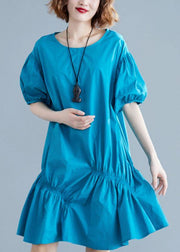 Modern blue Cotton Tunic o neck lantern sleeve oversized Dresses - bagstylebliss