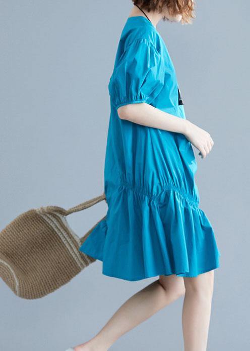 Modern blue Cotton Tunic o neck lantern sleeve oversized Dresses - bagstylebliss