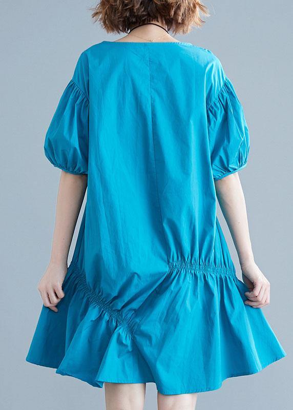 Modern blue Cotton Tunic o neck lantern sleeve oversized Dresses - bagstylebliss