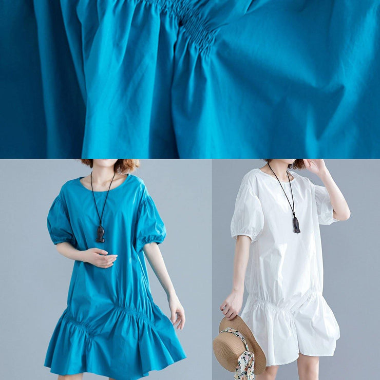 Modern blue Cotton Tunic o neck lantern sleeve oversized Dresses - bagstylebliss