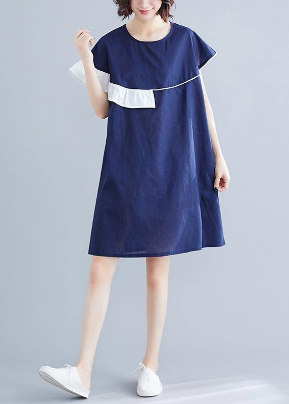 Modern blue Cotton Wardrobes o neck patchwork summer Dress - bagstylebliss