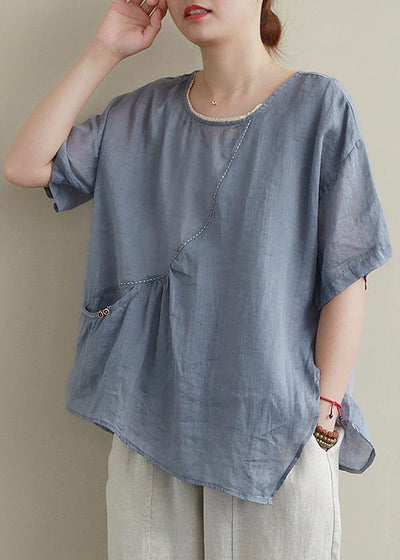 Modern blue cotton linen shirts women Sewing o neck asymmetric summer shirts - bagstylebliss