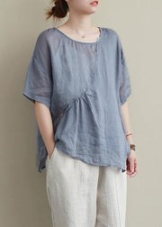 Modern blue cotton linen shirts women Sewing o neck asymmetric summer shirts - bagstylebliss