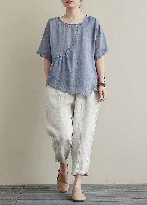 Modern blue cotton linen shirts women Sewing o neck asymmetric summer shirts - bagstylebliss