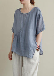 Modern blue cotton linen shirts women Sewing o neck asymmetric summer shirts - bagstylebliss