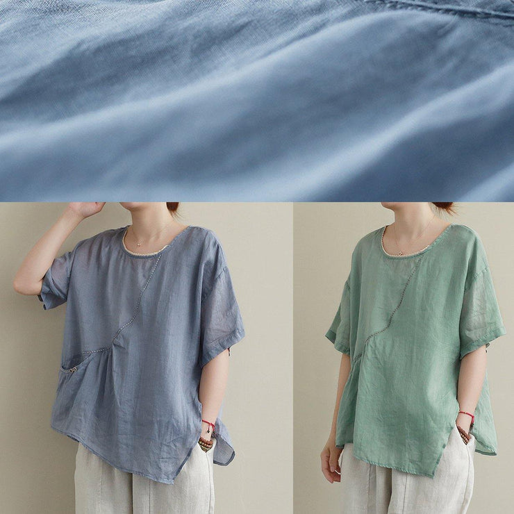 Modern blue cotton linen shirts women Sewing o neck asymmetric summer shirts - bagstylebliss