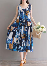 Modern blue floral linen cotton clothes For Women tie waist loose summer Dress - bagstylebliss