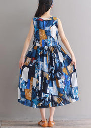 Modern blue floral linen cotton clothes For Women tie waist loose summer Dress - bagstylebliss