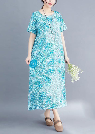 Modern blue print linen Long Shirts Organic Fabrics o neck side open Maxi Summer Dress - bagstylebliss