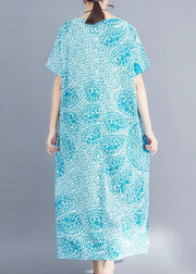 Modern blue print linen Long Shirts Organic Fabrics o neck side open Maxi Summer Dress - bagstylebliss