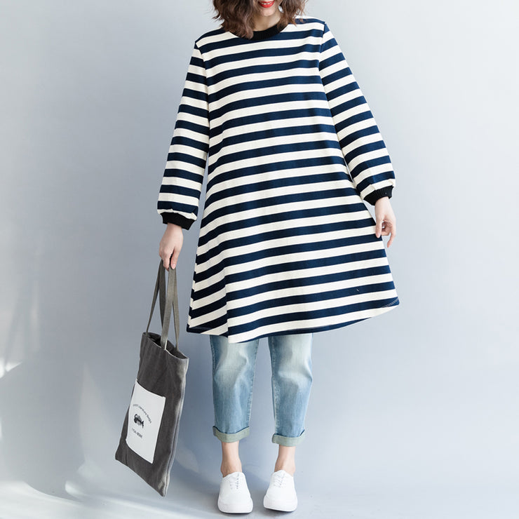 Modern blue white striped Cotton clothes For Women Korea Dresses spring o neck Dresses