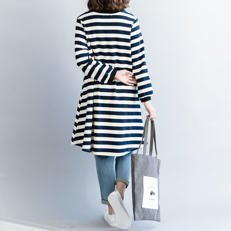 Modern blue white striped Cotton clothes For Women Korea Dresses spring o neck Dresses