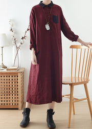 Modern burgundy linen Wardrobes lapel pockets Maxi fall Dresses - bagstylebliss