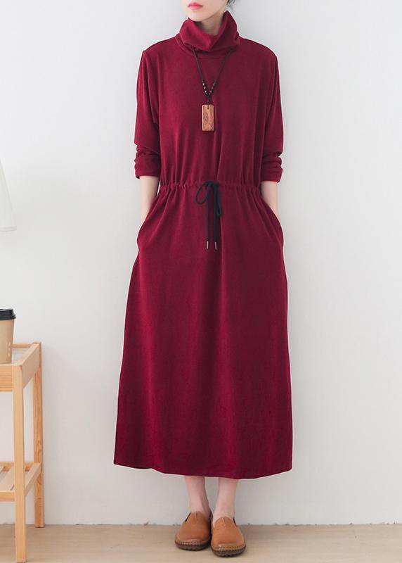 Modern burgundy quilting clothes high neck drawstring robes Dresses - bagstylebliss