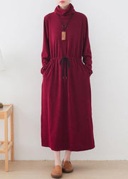 Modern burgundy quilting clothes high neck drawstring robes Dresses - bagstylebliss