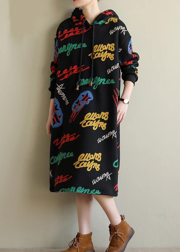 Modern casual cotton hooded Tunics Shirts black print Art Dresses - bagstylebliss