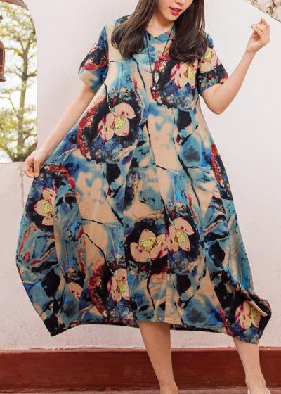 Modern dark blue print v neck asymmetric cotton robes summer Dresses - bagstylebliss