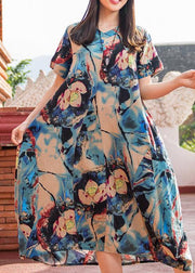 Modern dark blue print v neck asymmetric cotton robes summer Dresses - bagstylebliss