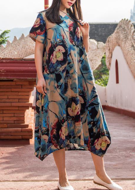 Modern dark blue print v neck asymmetric cotton robes summer Dresses - bagstylebliss