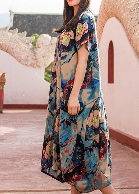 Modern dark blue print v neck asymmetric cotton robes summer Dresses - bagstylebliss