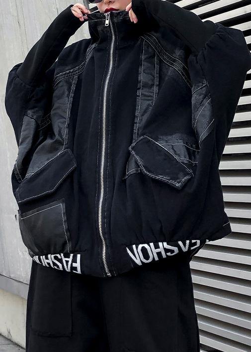 Modern denim black Plus Size for women Sewing zippered patchwork coats - bagstylebliss