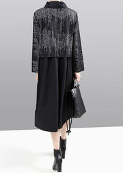 Modern false two pieces cotton patchwork quilting dresses Shirts gray prints Plus Size Dress - bagstylebliss