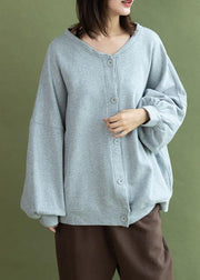 Modern gray cotton linen tops women lantern sleeve Button Down oversized fall shirts - bagstylebliss