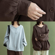 Modern gray cotton linen tops women lantern sleeve Button Down oversized fall shirts - bagstylebliss