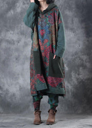 Modern Green Print Cotton Clothes Hooded Drawstring Art Dress - bagstylebliss