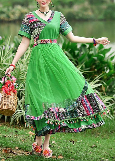 Modern green print tunics for women v neck patchwork tulle summer Dress - bagstylebliss