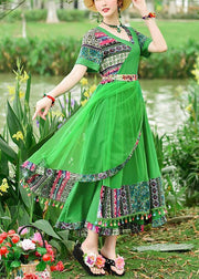 Modern green print tunics for women v neck patchwork tulle summer Dress - bagstylebliss