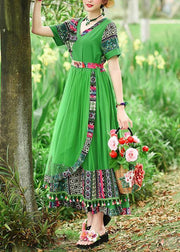 Modern green print tunics for women v neck patchwork tulle summer Dress - bagstylebliss