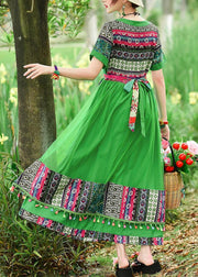 Modern green print tunics for women v neck patchwork tulle summer Dress - bagstylebliss