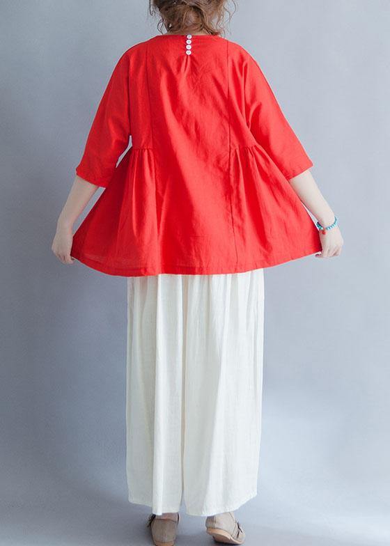 Modern half sleeve cotton shirts women red tunic blouses summer - bagstylebliss