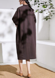 Modern half sleeve linen ruffles stand colalr dress Cotton brown Dress - bagstylebliss